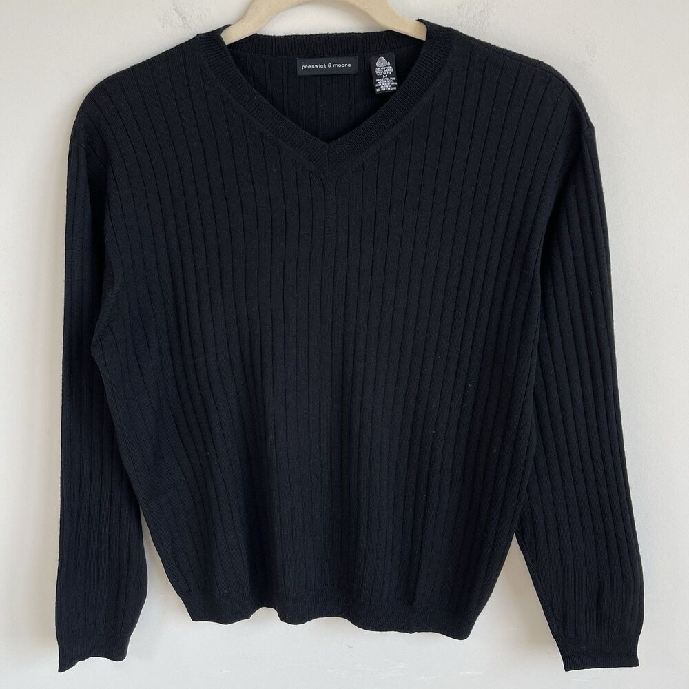 Preswick & Moore Men's 100% Merino Wool V-neck Sweater Black‎ M Preppy Office